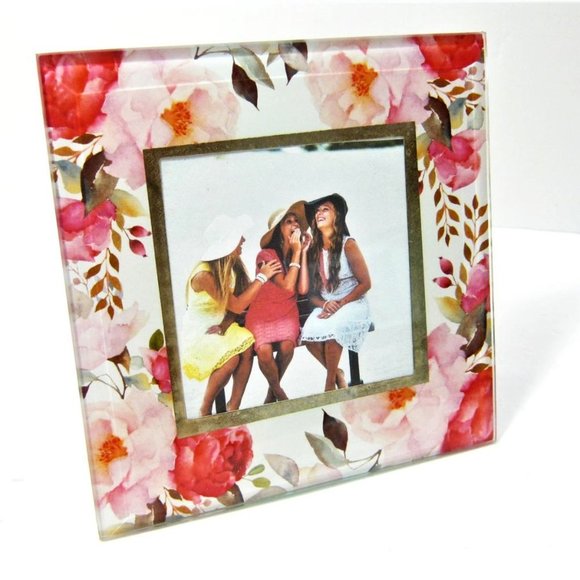 Pink Floral Glass Photo Frame Picture Holder for 4x4 photo - Picture 4 of 4